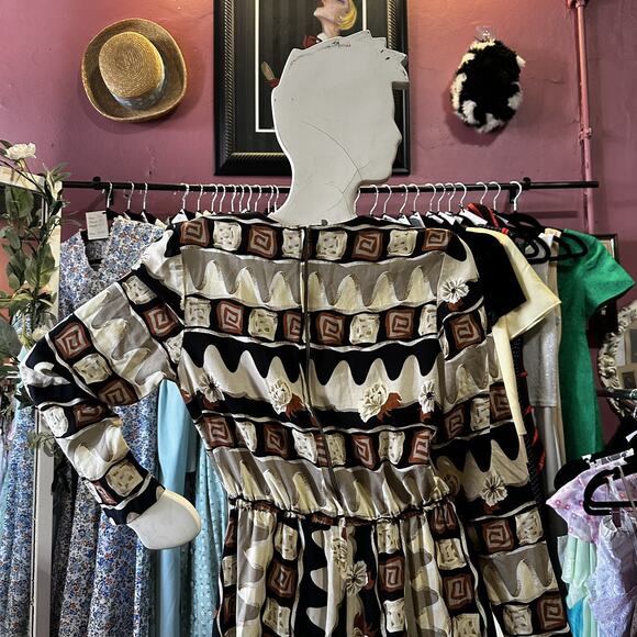 Vintage 80s 90s Maxi Dress Abstract Floral Print Ivory Brown Boho Minimalist M/L - Picture 7 of 9